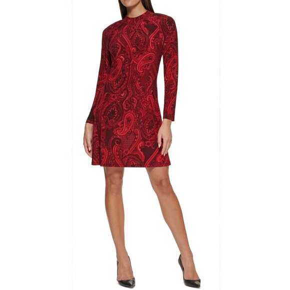 Tommy Hilfiger Size 8 Red Black Mock Neck Paisley Dress Long Sleeve Stretch NEW - Picture 1 of 10